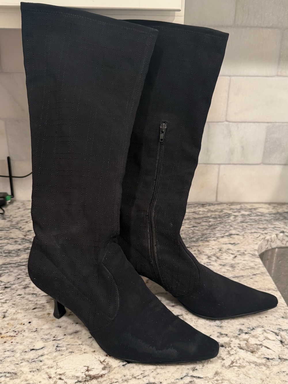 BCBG Black Pointed-Toe Knee-High Heeled Boots